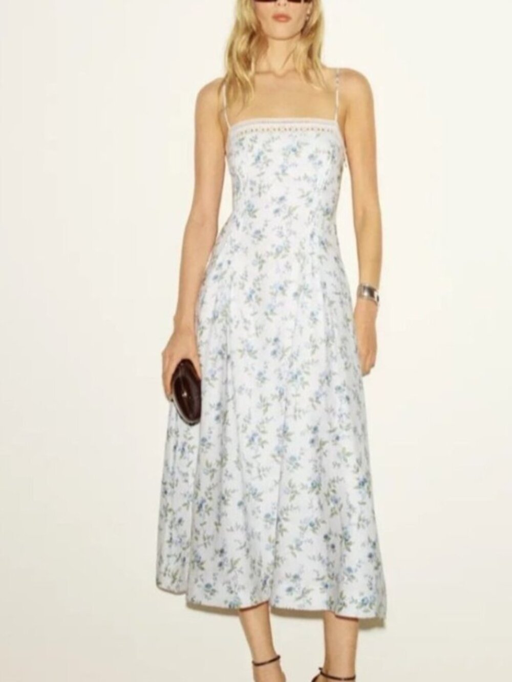 NEW Reformation Pomona Linen Lace Trim Midi Dress Nostalgia Floral | US 6 UK 10 - Picture 2 of 12